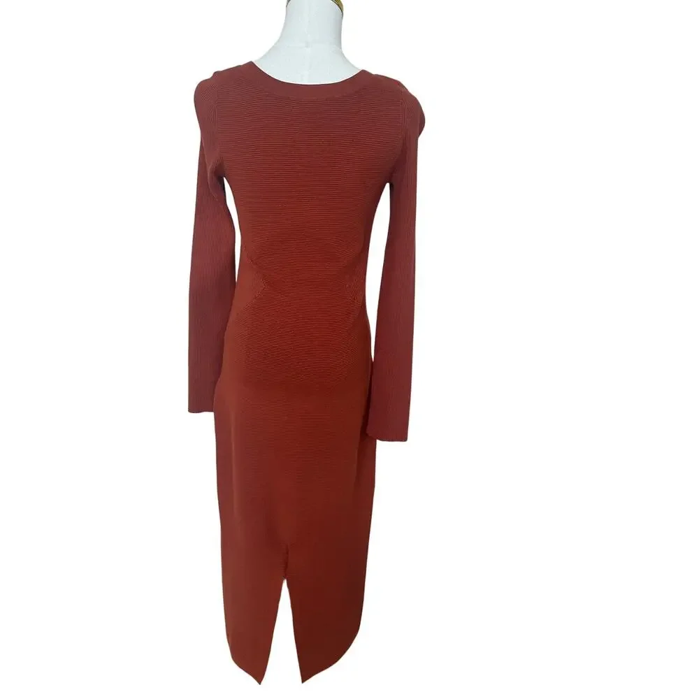 Toccin Rust Brown Midi Ribbed Knit Dress SMALL Career Bodycon Work Designer $325 - Picture 12 of 14